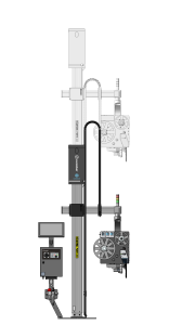 Tall vertical industrial machine with control panels and belt-driven components mounted on a metal frame.