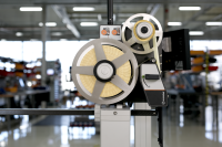 Close-up of a large reel-to-reel tape mechanism mounted on a machine in a blurred factory background