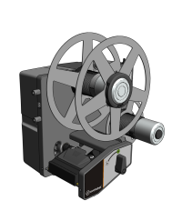 Industrial film reel winding machine featuring two large gray wheelspools mounted on a dark control unit.