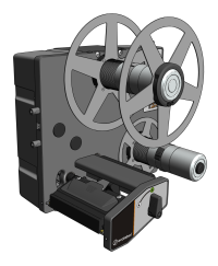 Two large reels on a vintage tape recorder with a drive spindle and control unit marked Evolabel