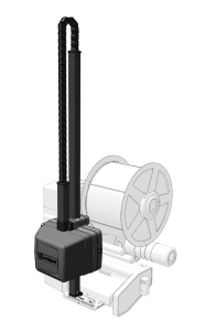 CAD-rendered vertical chain-drive lift with a motorized winding spool on a base, suggesting a winch or lifting mechanism