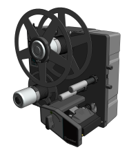 Industrial machine featuring a large circular film reel on a dark chassis, viewed from the side, with control elements nearby (Evolabel logo visible).