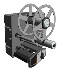 Industrial film reel mechanism with two large gray reels mounted on a gray machine base.